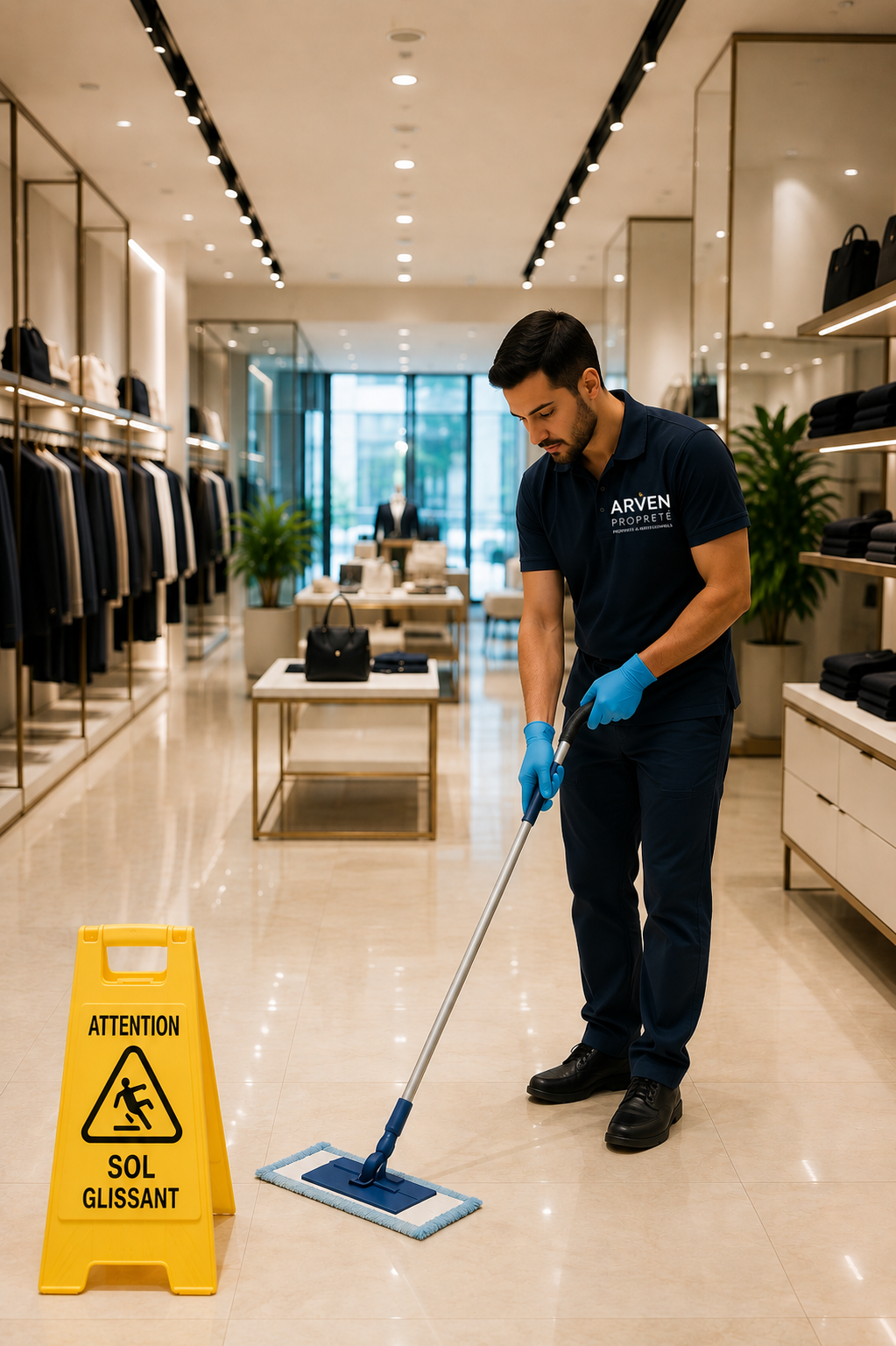 Homme portant un uniforme et des gants bleus nettoyant un sol glissant dans un magasin de vêtements avec un panneau d'avertissement jaune indiquant "Attention Sol Glissant".