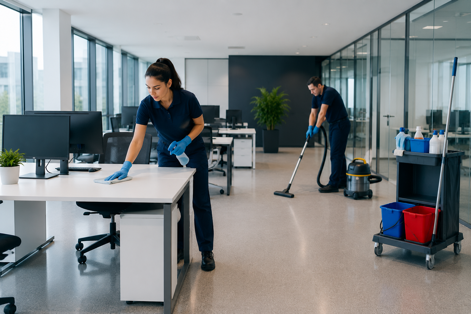 Deux agents de nettoyage en uniforme nettoient un bureau moderne avec des dispositifs de nettoyage et des rangements, l'un essuie une surface de bureau, l'autre passe l'aspirateur.
