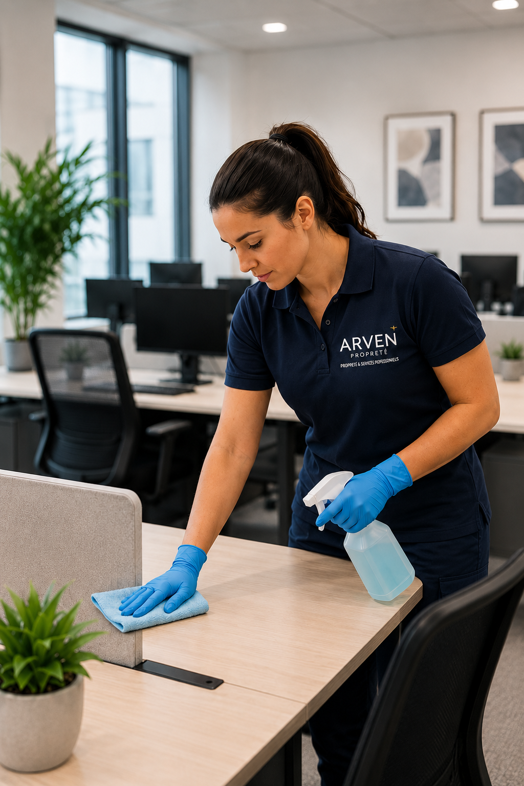 Femme en uniforme de nettoyage avec gants, utilisant un chiffon et un spray pour nettoyer un bureau.