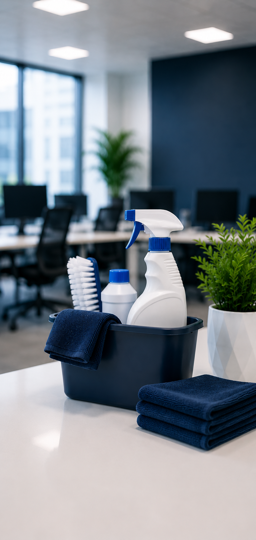 Produits de nettoyage avec chiffon et brosse dans un bureau moderne.