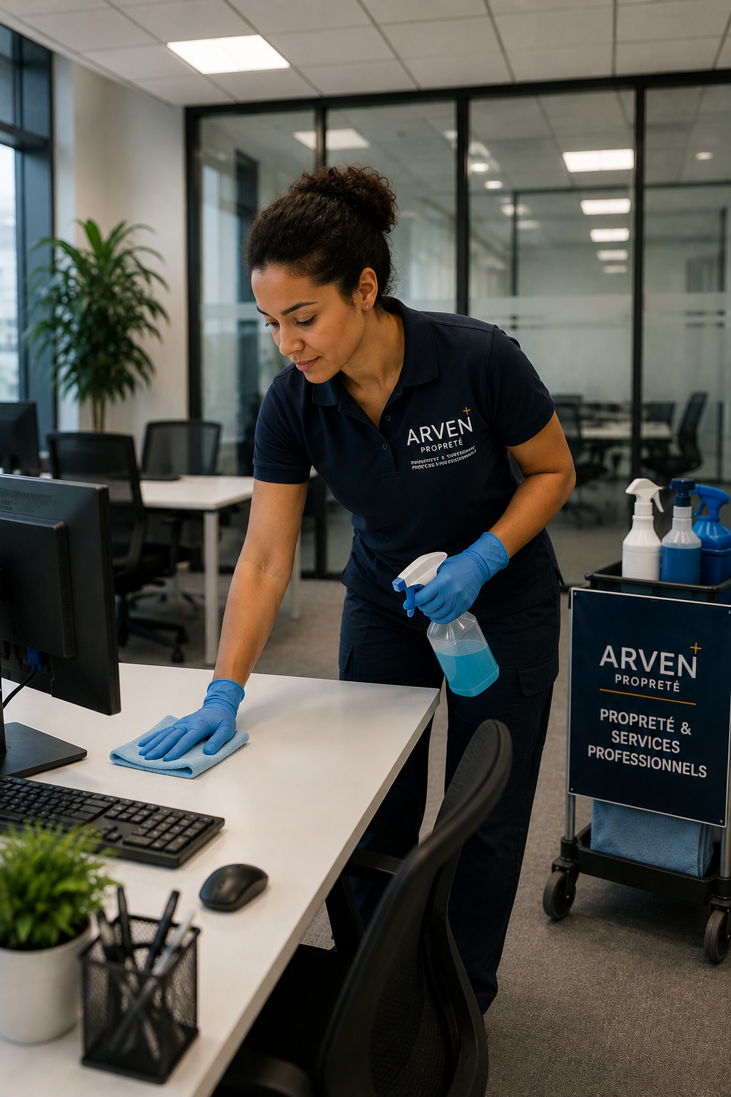 Une femme nettoie un bureau en utilisant un chiffon et un spray désinfectant, portant des gants bleus, dans un bureau moderne.