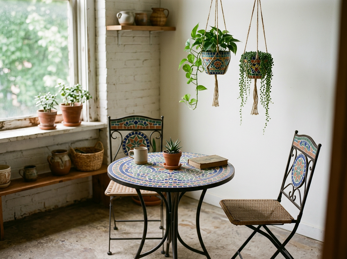A cozy corner with a round mosaic table, two metal chairs with decorative backs, a book, and a mug on the table. There are potted plants on the window sill, hanging planters from above, and shelves with ceramic pots and baskets in the background, all in a room with white brick walls and natural light.
