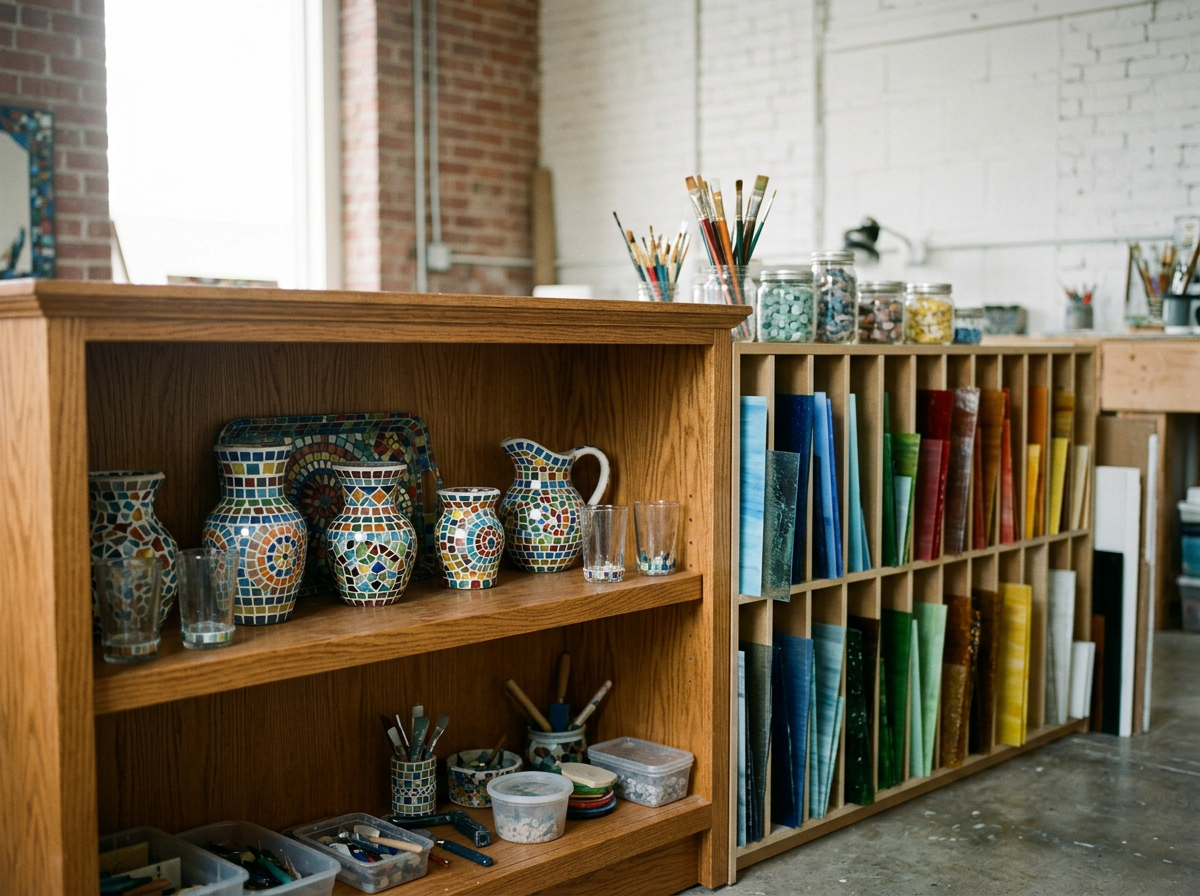 Art studio with wooden shelves holding colorful mosaic vases, jars of beads, and art supplies, with a brick and white wall background.