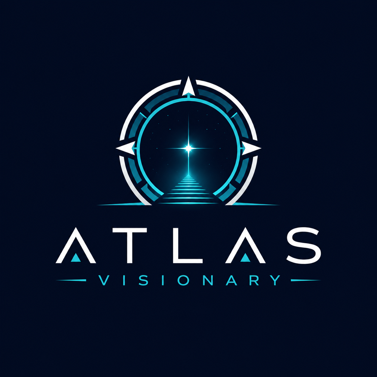 Futuristic logo for Atlas Visionary featuring a stylized star at the center, with a pathway leading to it, surrounded by circular digital elements, and the word 'ATLAS' in bold with upward pointing arrows replacing the letter A, and 'VISIONARY' below in smaller blue text.