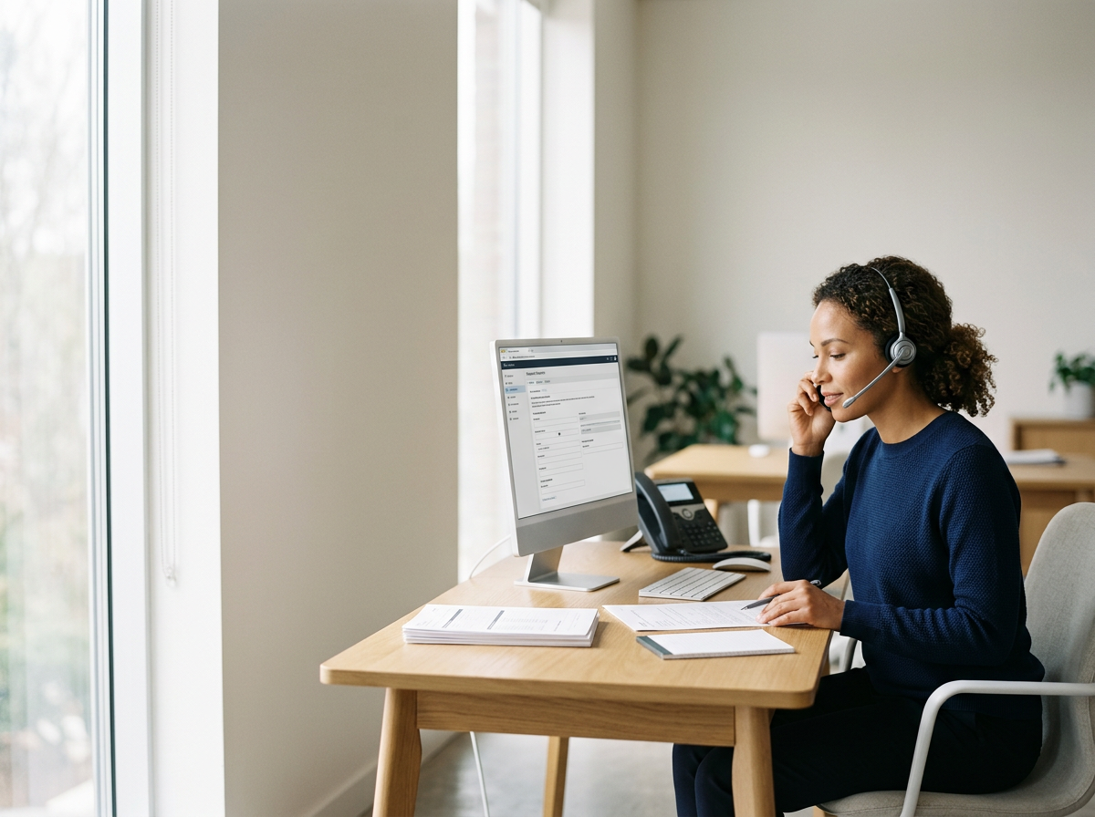 Woman wearing a headset working at a desk in an office, talking on the phone and looking at a computer screen.