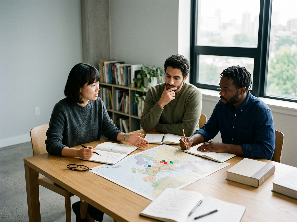 Three people sit at a table with a world map, notebooks, and pens, discussing in a bright room with large windows and a bookshelf in the background.