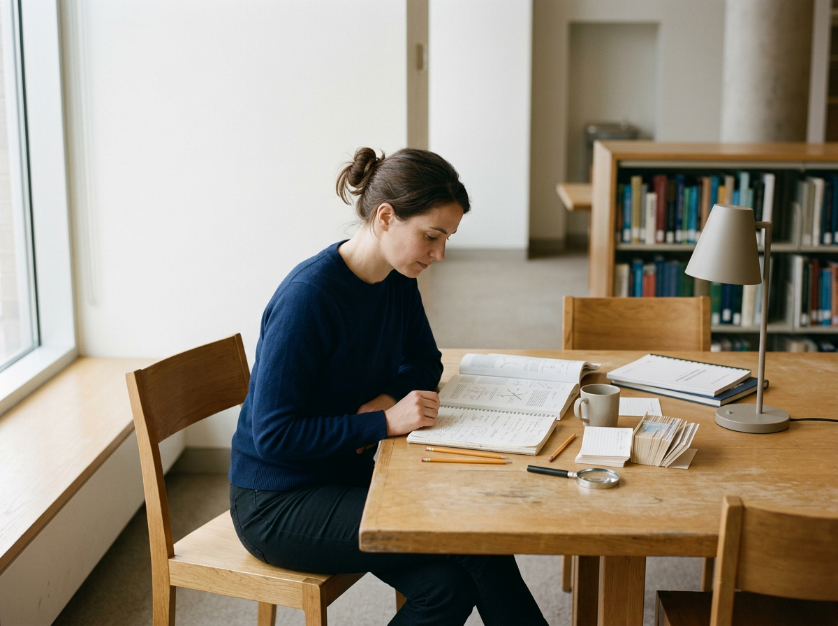 A woman with brown hair in a bun studying at a wooden table with books, notebooks, and writing tools in a library or study room.