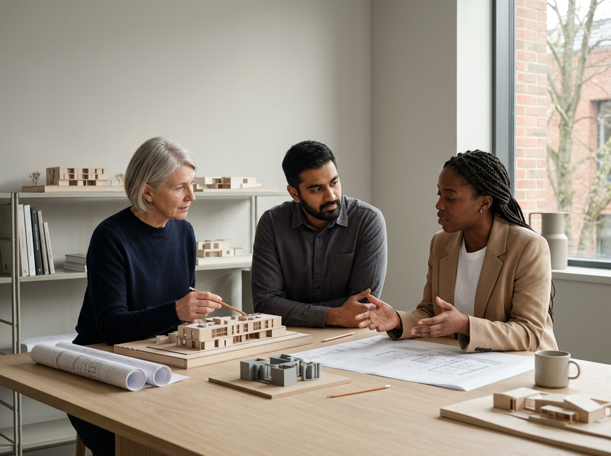 Three architecture professionals discussing building models and blueprints at a desk in an office.