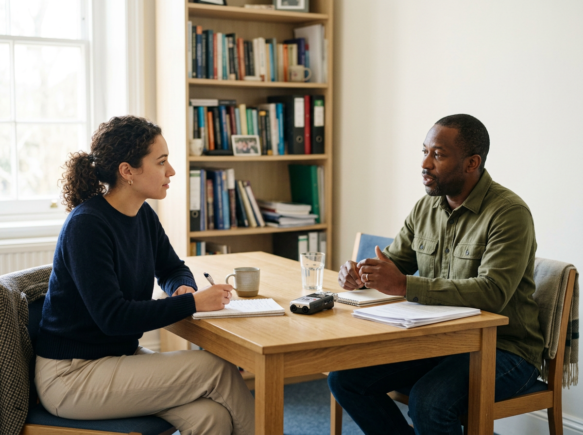 A young woman with curly hair taking notes, and an older man with short hair and a beard talking during a meeting or interview at a wooden table in a home office, with a bookshelf in the background.