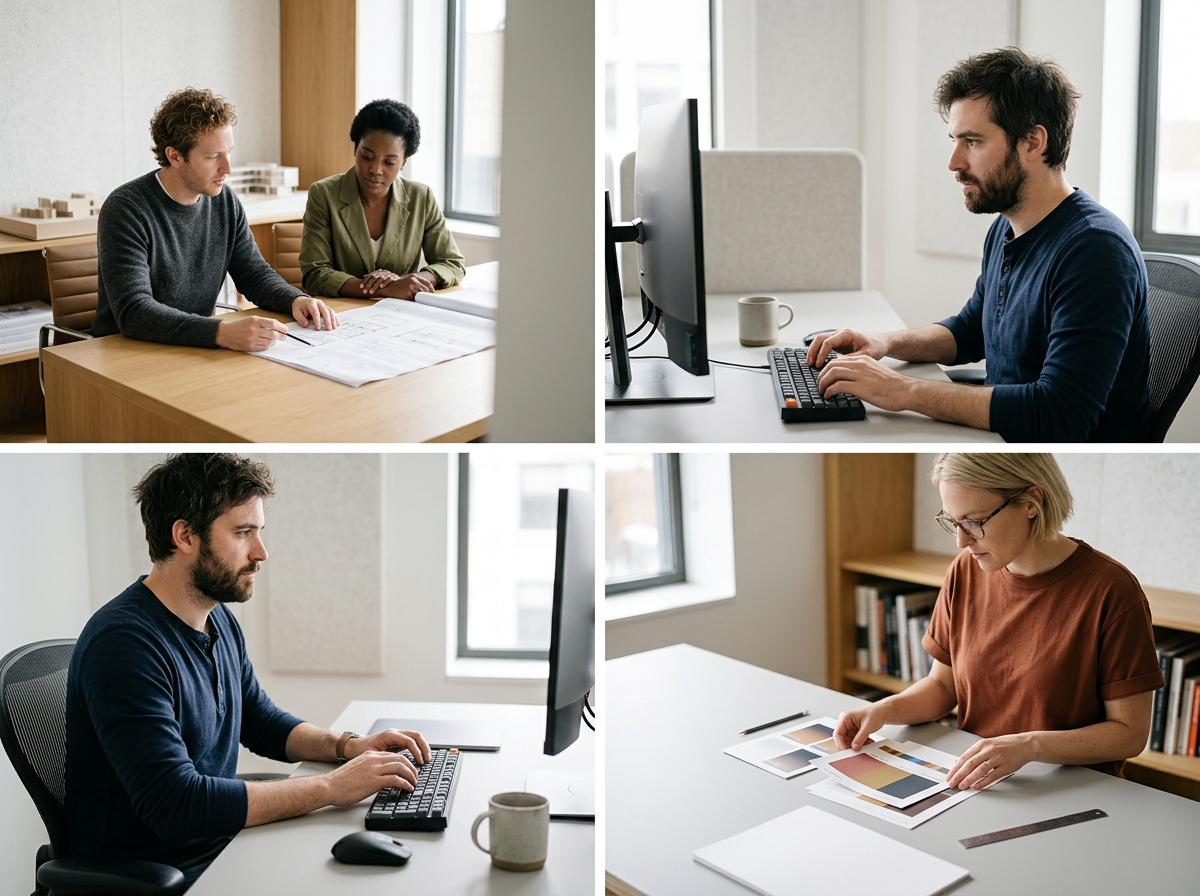 Four people working in a modern office, each at a desk with a computer, engaged in different tasks.