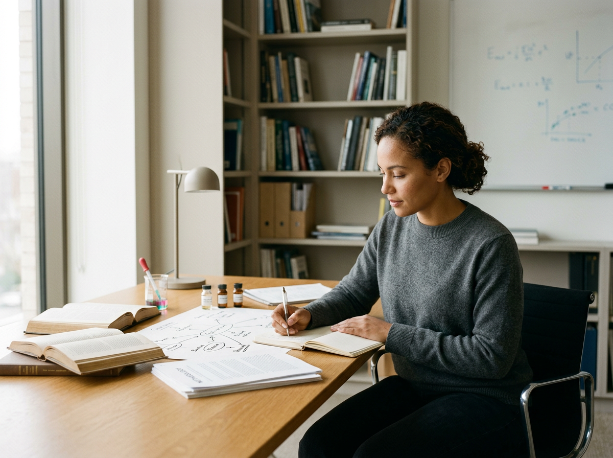 A woman sitting at a desk writing in a notebook, with open books, papers, and small bottles on the desk, in a room with bookshelves, a whiteboard, and a window.