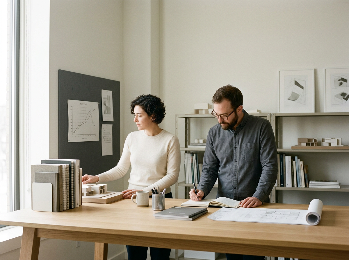 Two people working on architectural or design plans at a large wooden table in an office with shelves and artwork on the wall.