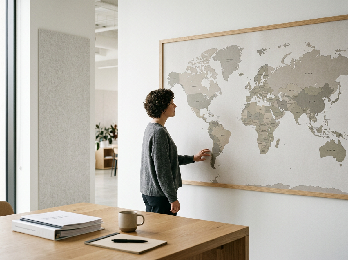 A woman with curly hair wearing a gray sweater standing in front of a world map on a wall, with her hand pointing to South America in an office or meeting room.