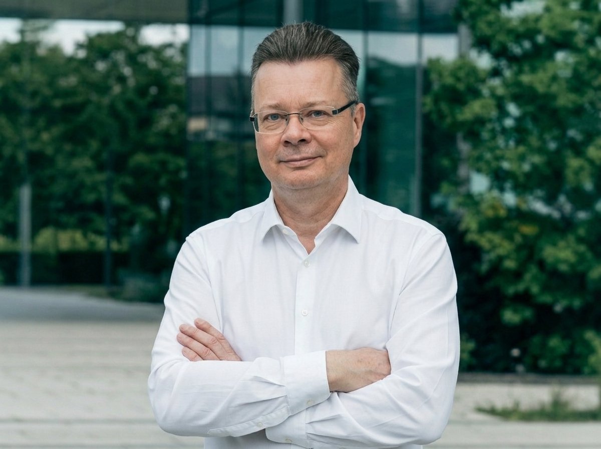 A middle-aged man with glasses and dark hair, wearing a white dress shirt, standing outdoors with arms crossed, in front of a modern glass building and green trees.