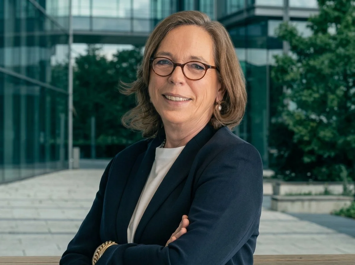 A professional woman with light skin, shoulder-length brown hair, glasses, and pearl earrings, smiling confidently with arms crossed outdoors in front of a modern glass building and greenery.