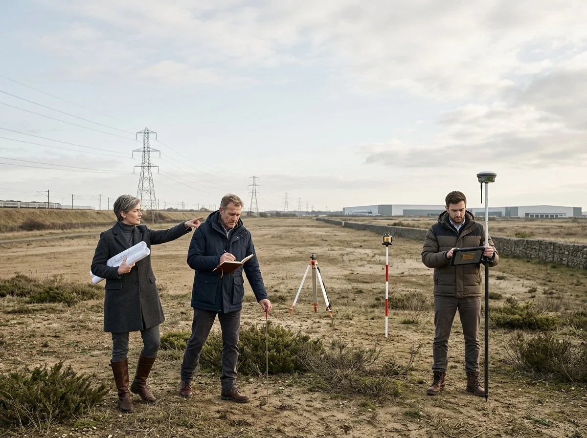 Three people in outdoor field using surveying equipment and data collection tools, with power lines and industrial buildings in background.