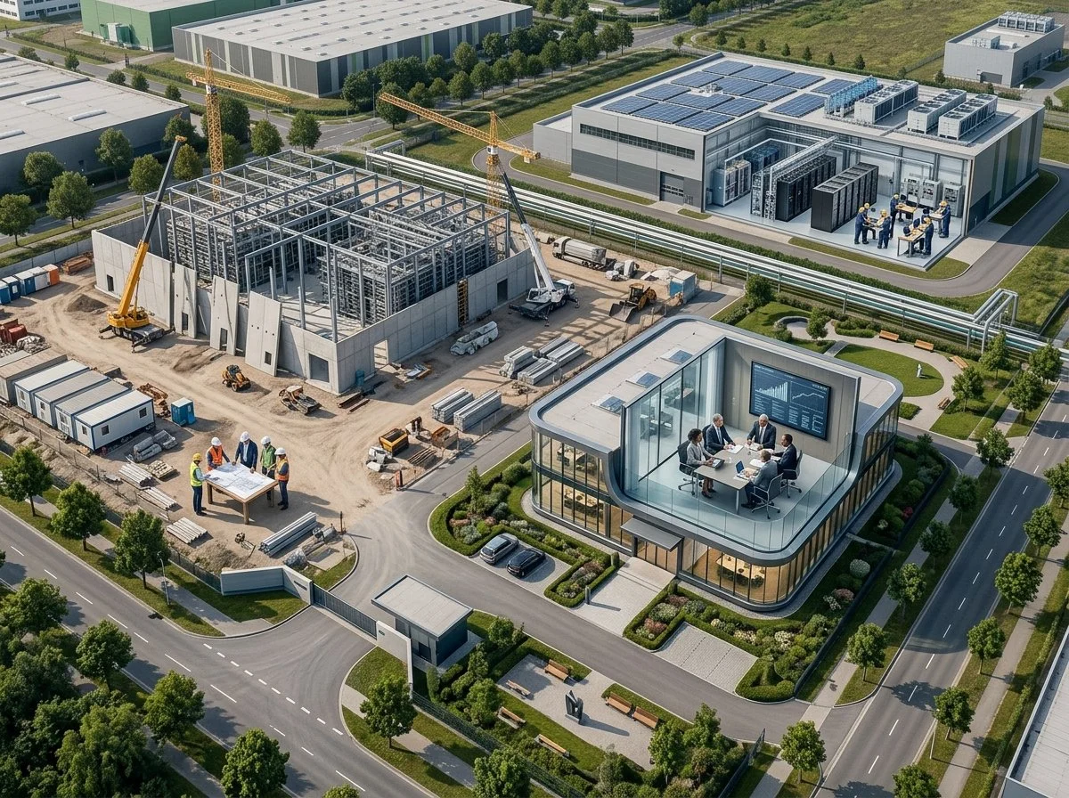 Aerial view of a modern industrial or technology campus with multiple buildings, including a construction site with steel framework and cranes, a utility building with mechanical equipment, and a glass conference room with people inside. The area is landscaped with trees, roads, and parking lots.