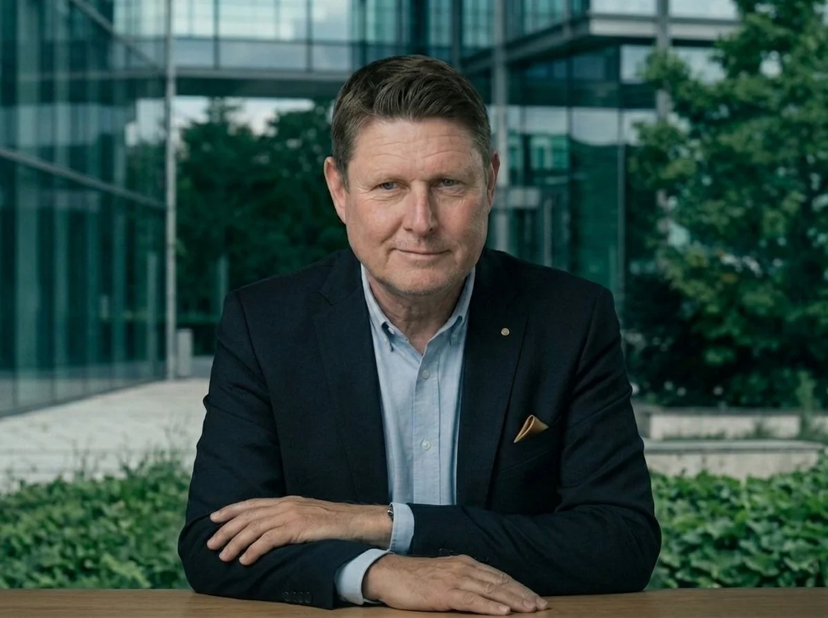 A middle-aged man in a dark suit and light blue shirt sitting at a wooden table outdoors, with a modern glass building and greenery in the background.
