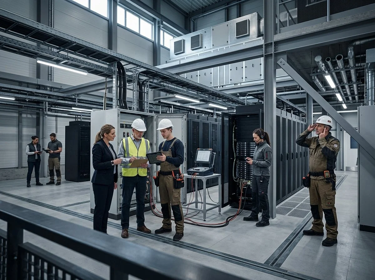 Group of technicians and engineers working inside a modern data center or server room with servers, wiring, and equipment.