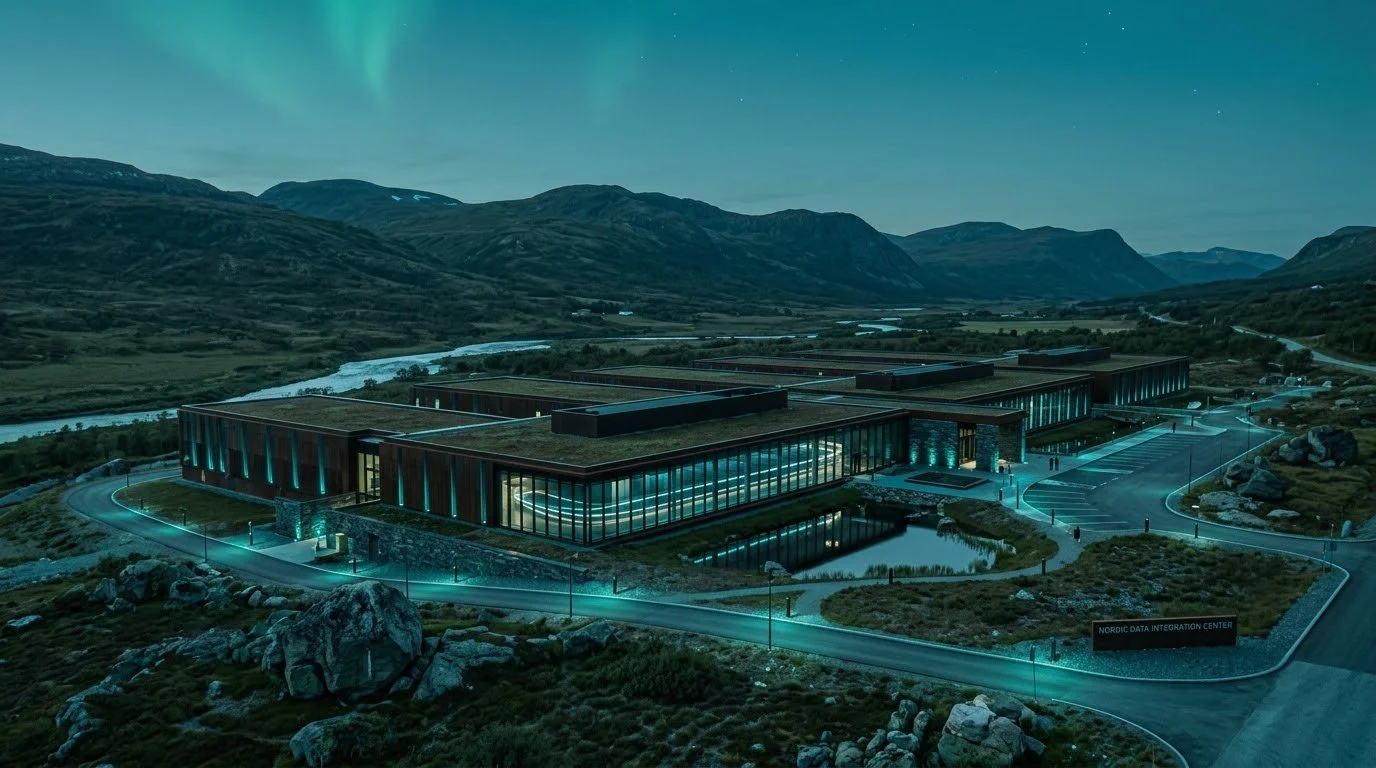 Night view of the Nordic Data Integration Center in a mountainous landscape with a river, illuminated with teal lights along the building and driveway.