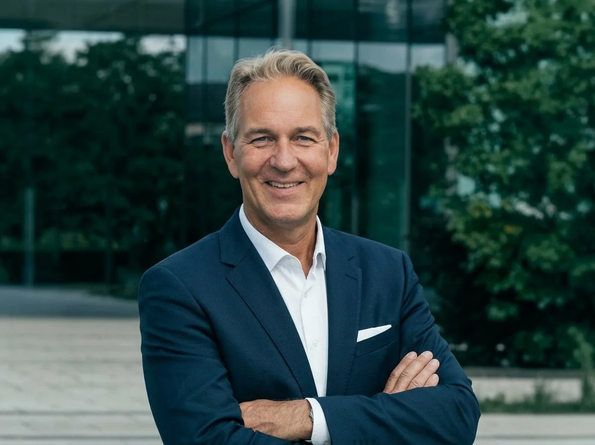 Portrait of a middle-aged man with gray hair, smiling, standing outdoors in front of a modern glass building, wearing a navy suit and white shirt, arms crossed.