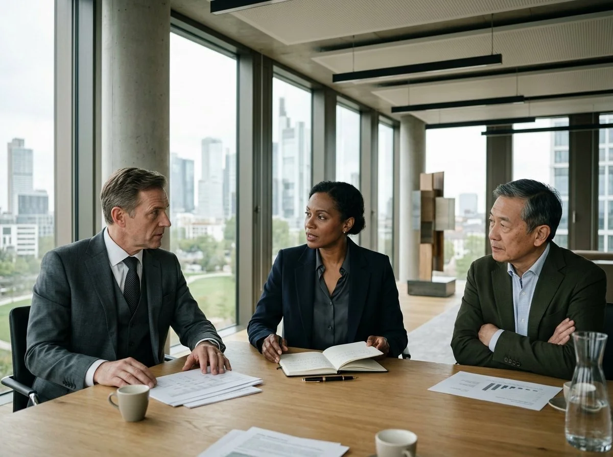 Three business professionals sitting at a wooden conference table in a modern office with large windows and a city view, engaged in a discussion. The table has papers, a notebook, a pen, a coffee mug, and a glass of water.