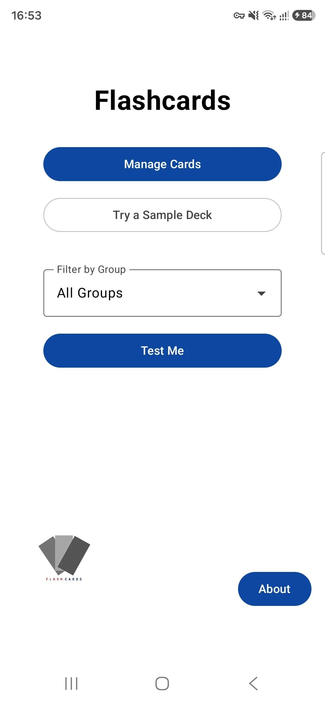 Mobile app screen titled 'Flashcards' with options to 'Manage Cards', 'Try a Sample Deck', a filter for groups, a 'Test Me' button, a logo at the bottom left, and an 'About' button at the bottom right.
