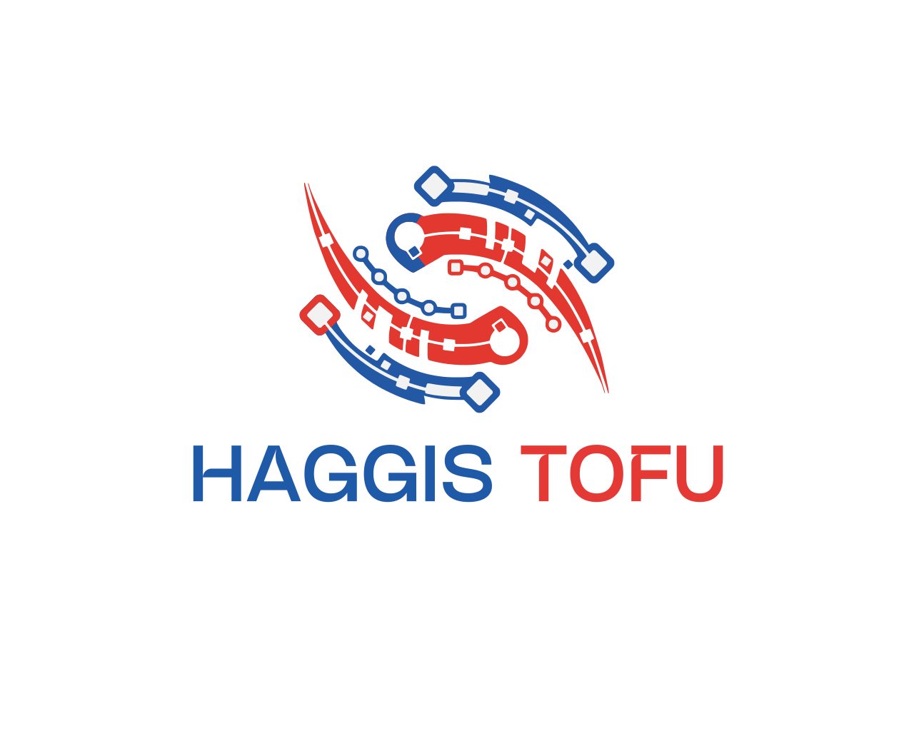 Logo featuring stylized red and blue circuit-like designs forming a swirl, with the text 'Haggis Tofu' beneath in blue and red letters.