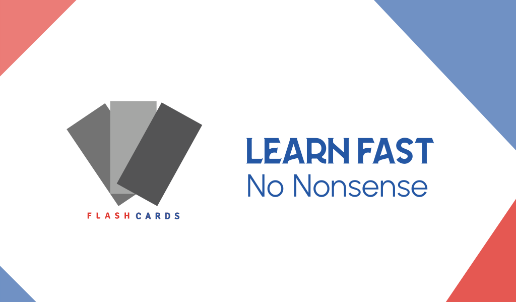 Marketing card for learning flashcards, featuring a logo with overlapping black, gray, and dark gray cards, and text that says "Learn Fast No Nonsense".