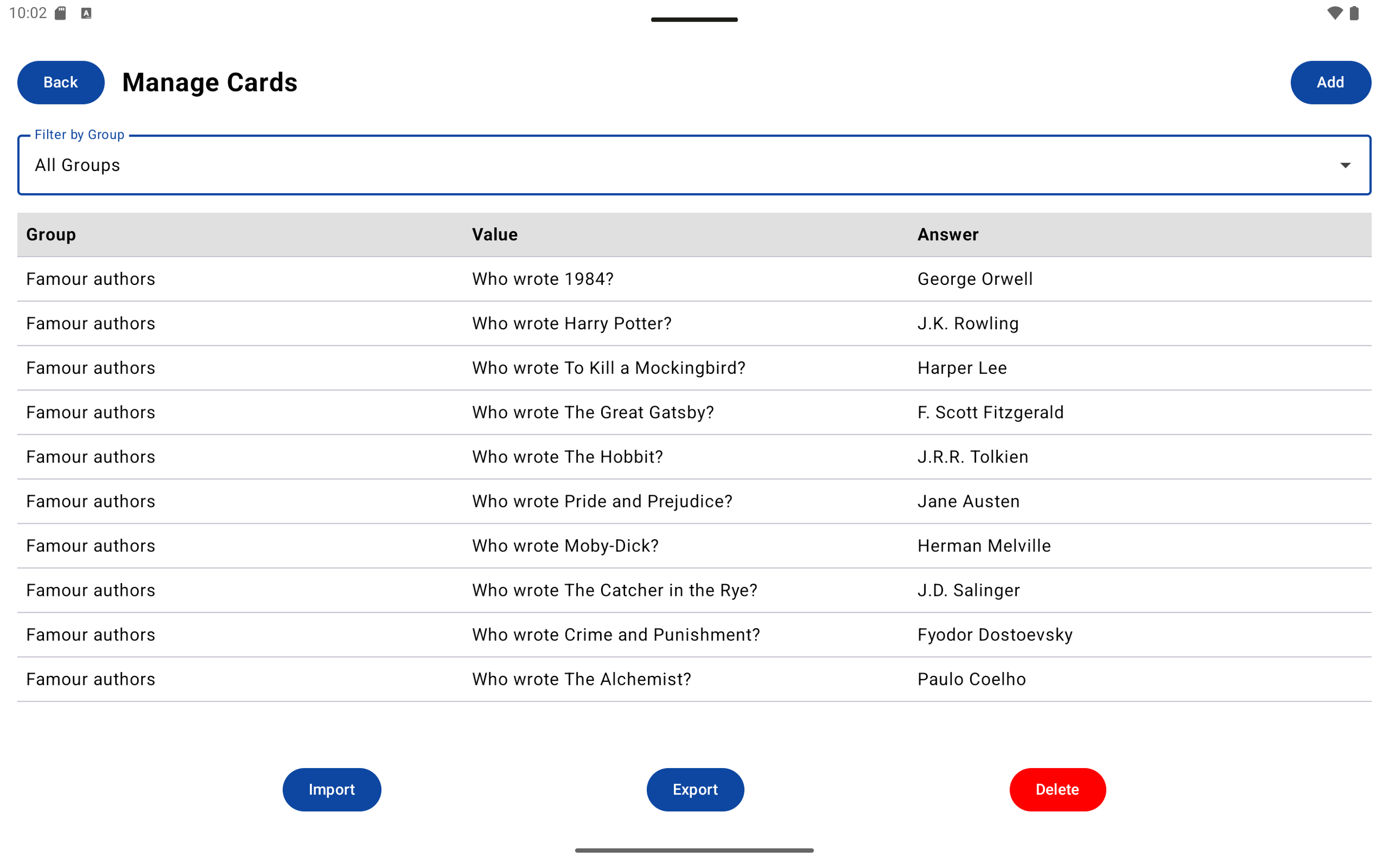 Screenshot of a mobile app interface showing a list of famous authors and the books they wrote, with options to import, export, or delete the list.