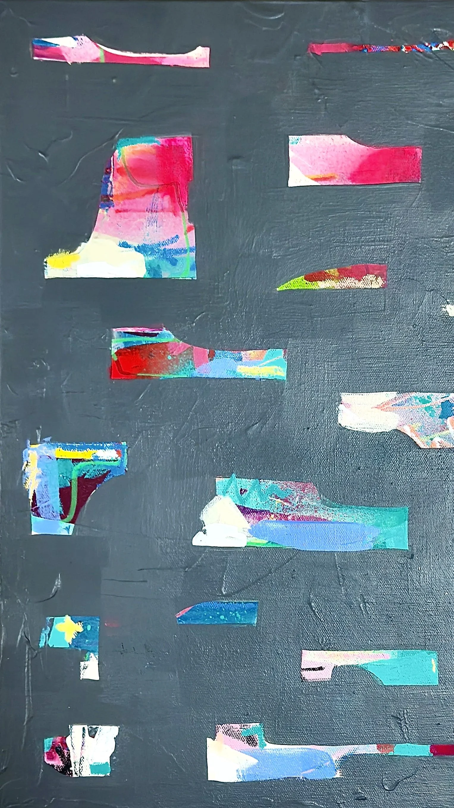 A black grey textured abstract artwork with painted pieces of colorful, patterned objects scattered across it, with negative space
