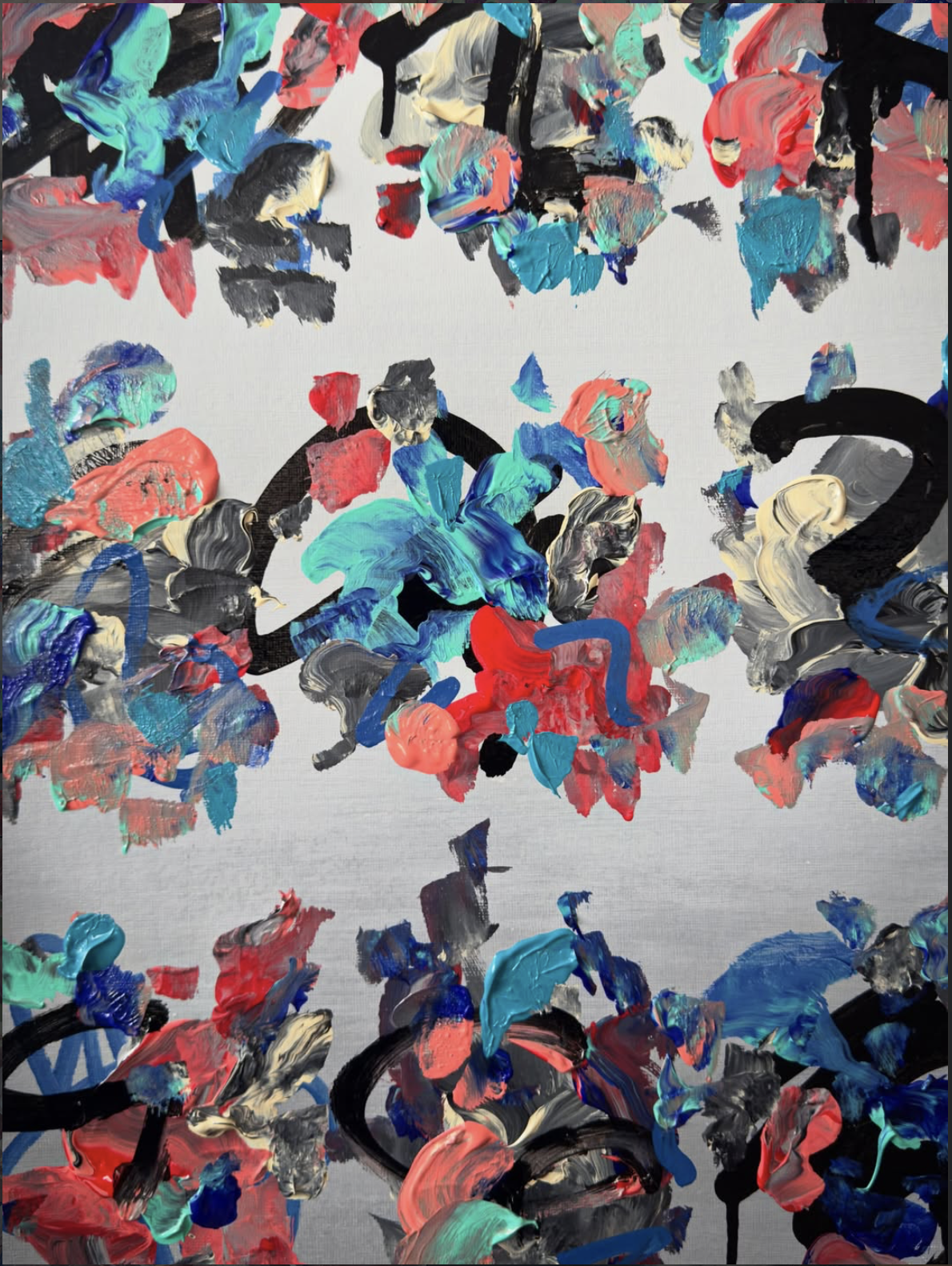 Abstract painting with thick brush strokes of red, blue, teal, beige, black, and gray colors on a white background.