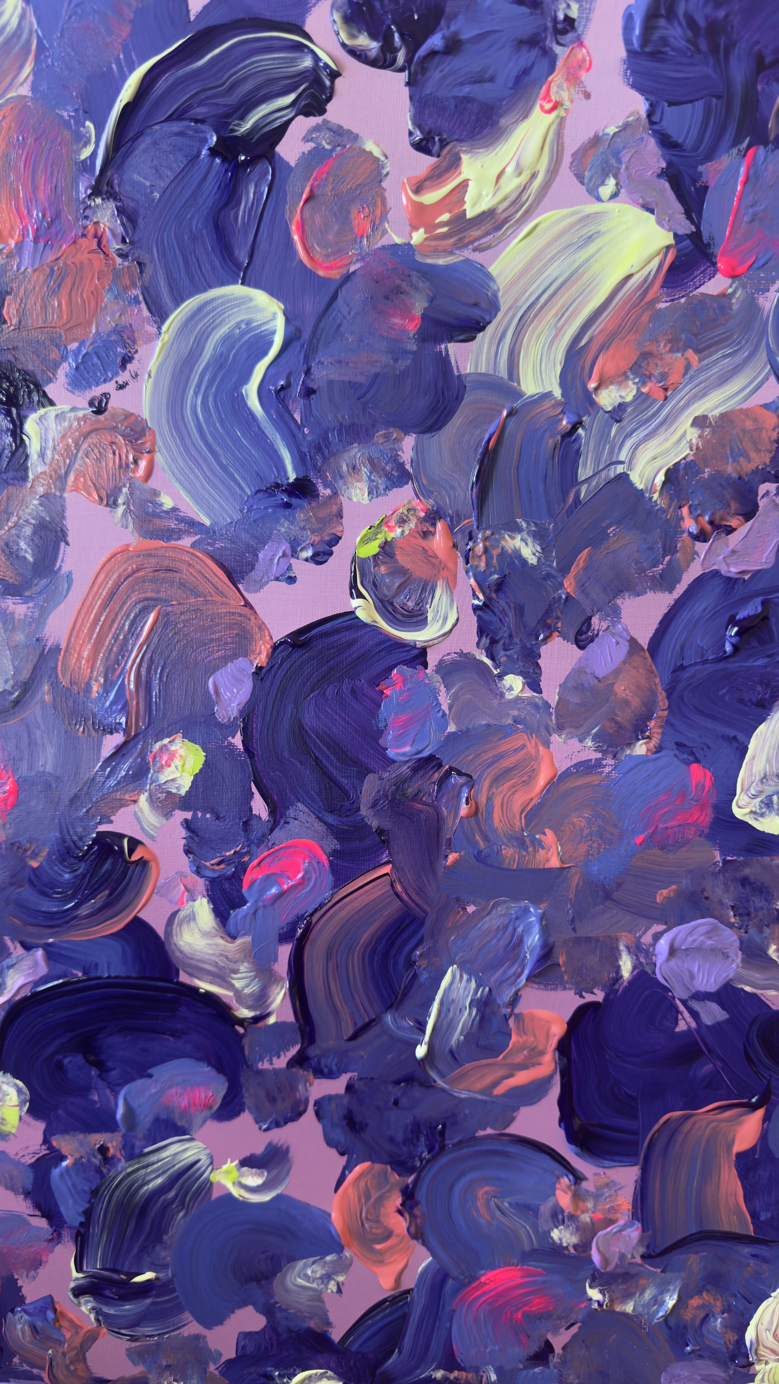 Abstract painting with thick, swirling brushstrokes in shades of purple, blue, pink, yellow, orange, and white on a pink background.