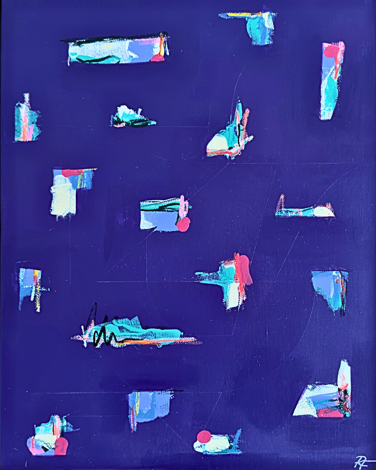 Abstract artwork with various small, colorful rectangular shapes scattered on a purple background.
