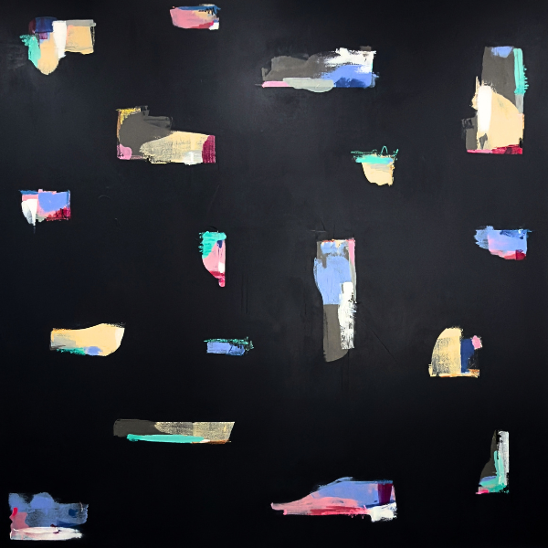 Abstract painting with colorful brushstrokes on a navy background.