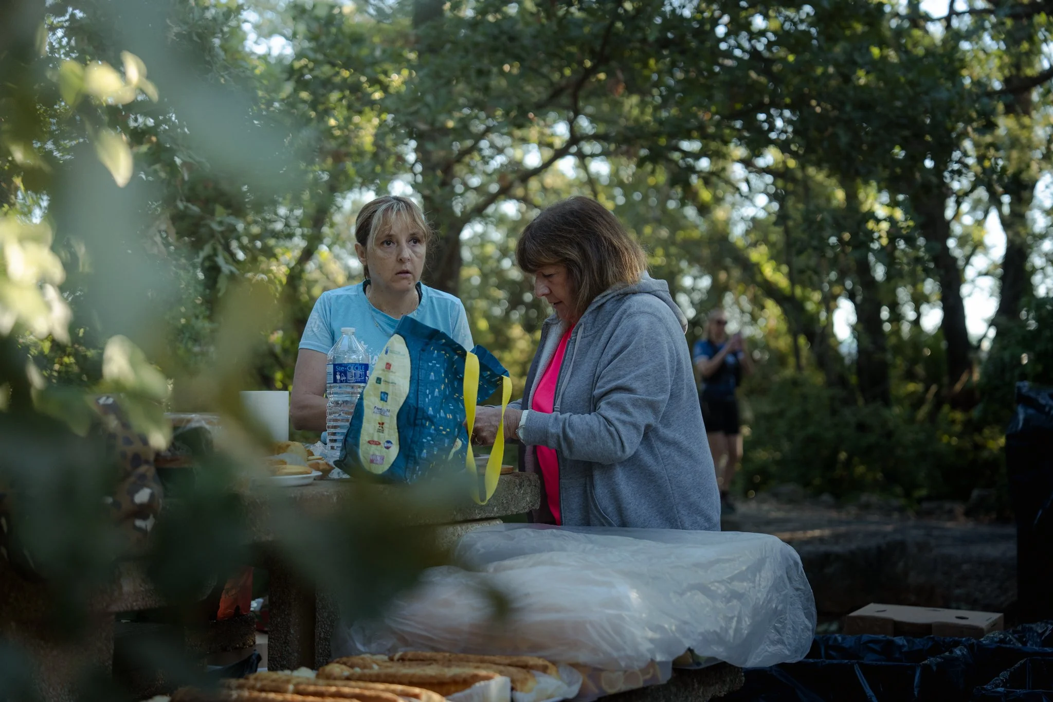 Deux femmes se servent lors d'un pique-nique dans un parc entouré d'arbres. Leurs visages sont concentrés sur leur nourriture ou leurs boissons au centre. Il y a des plats et des boissons sur la table recouverte d'une nappe blanche.