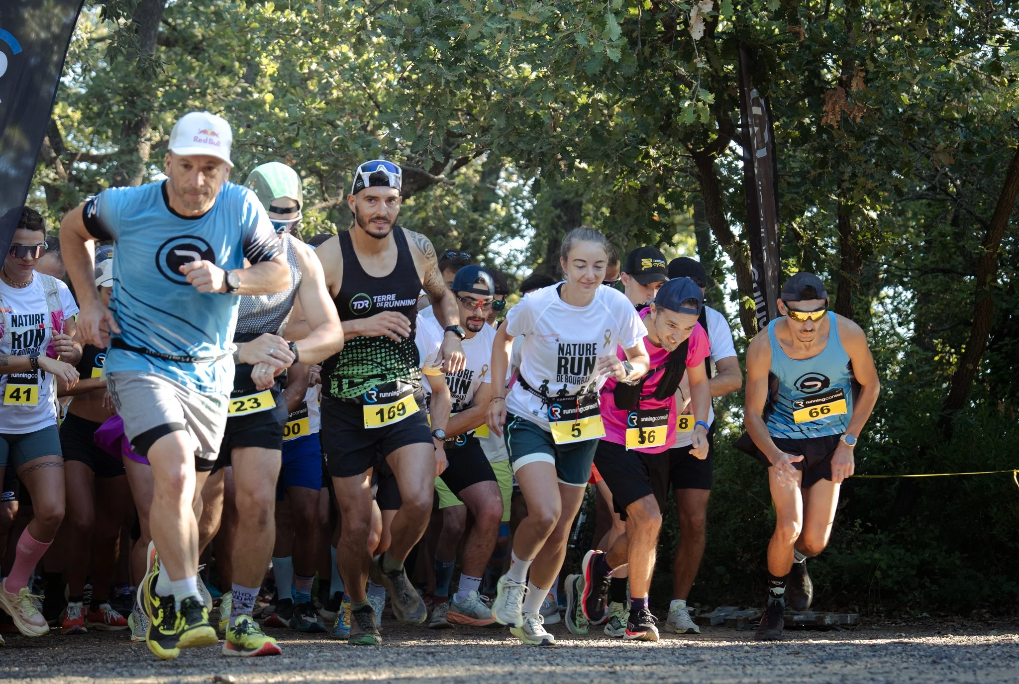 Groupe de coureurs prenant le départ d'une course dans un parc arboré.