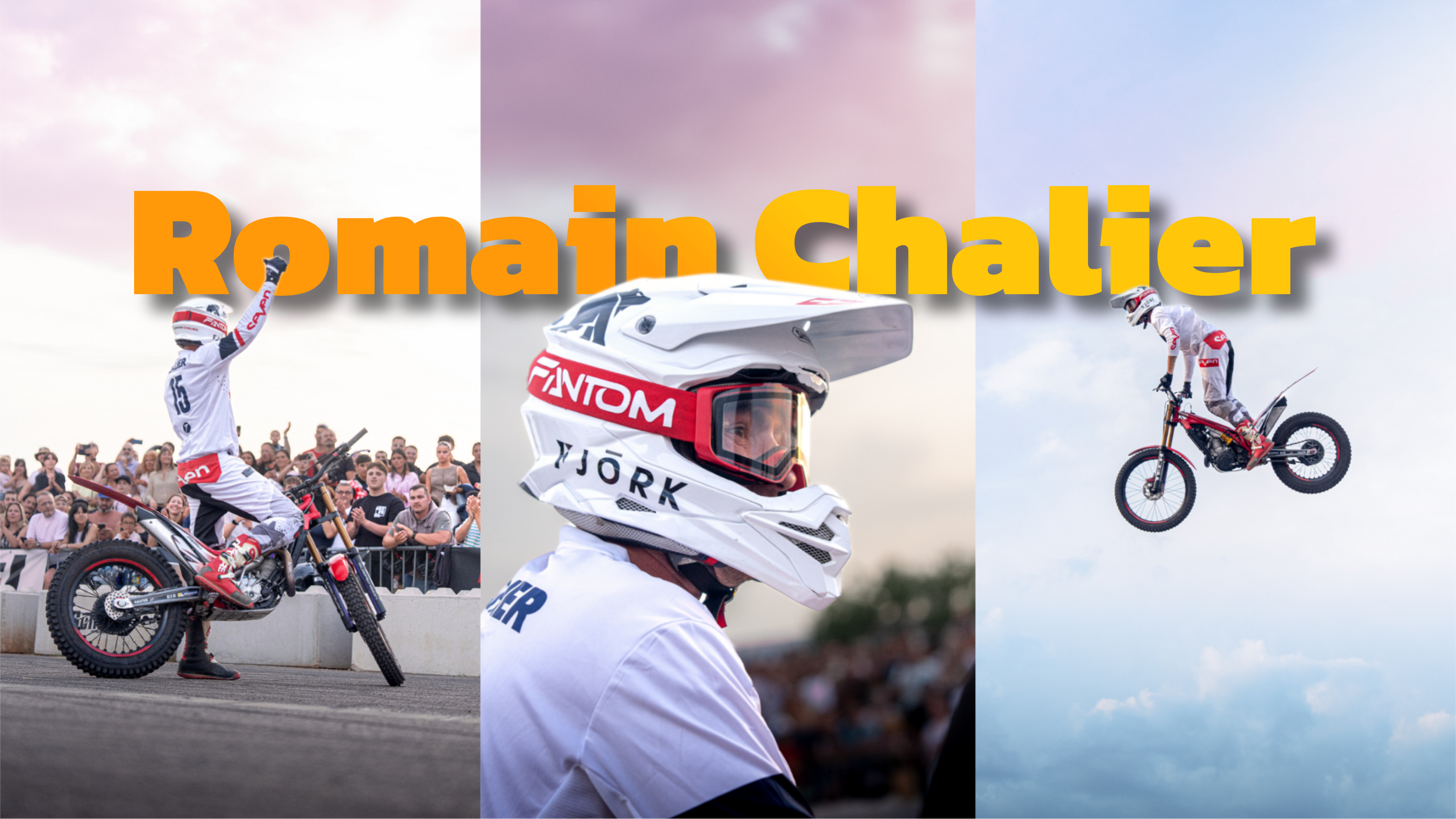 A montage of three images with the text 'Roman Chaler' in large, bold, orange and yellow letters overlaid across all three. The left image shows a man in motocross gear on a dirt bike, raising his right arm, with a crowd of people behind him. The middle image features a close-up of a person's head wearing a white racing helmet with the word 'ÁJÖRK' on it. The right image depicts a person performing a stunt, jumping a motorbike in the air against a cloudy sky.