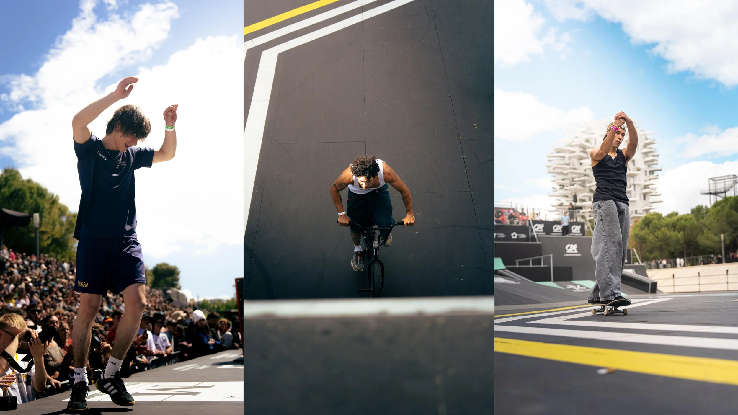 Collage of three photos of a young man performing extreme sports: skateboarding at an outdoor event, riding a bicycle on a ramp, and doing a trick on a skateboard at a skatepark, with blue skies and a crowd in the background.