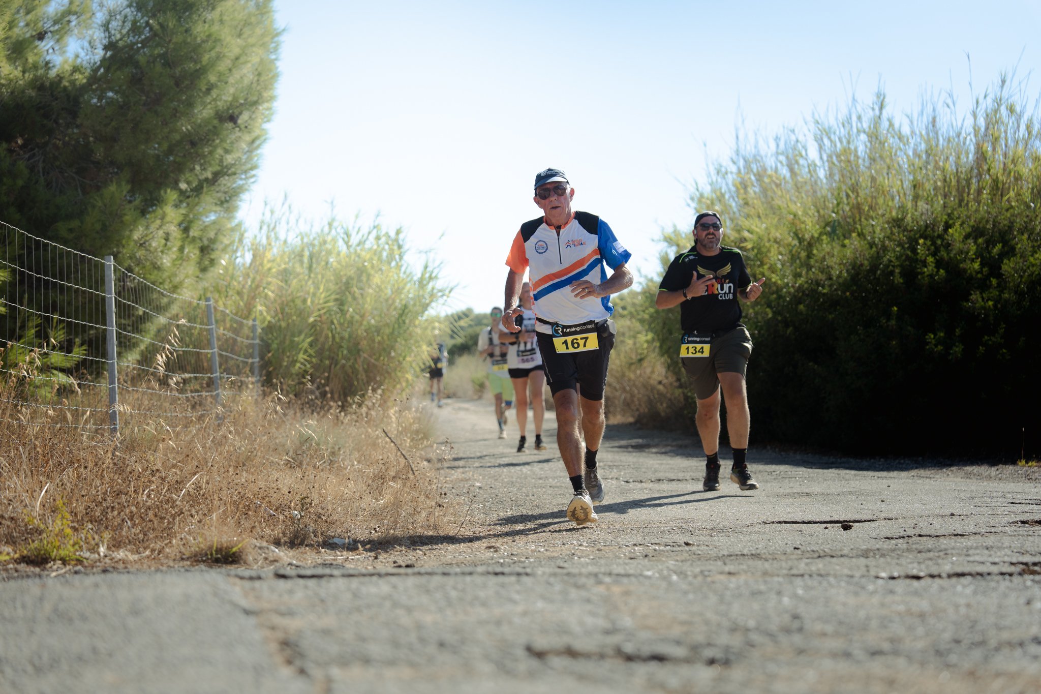Des coureurs participent à une course en extérieur, portant des numéros et des vêtements de sport, dans un environnement ensoleillé avec des arbres et un chemin poussiéreux.