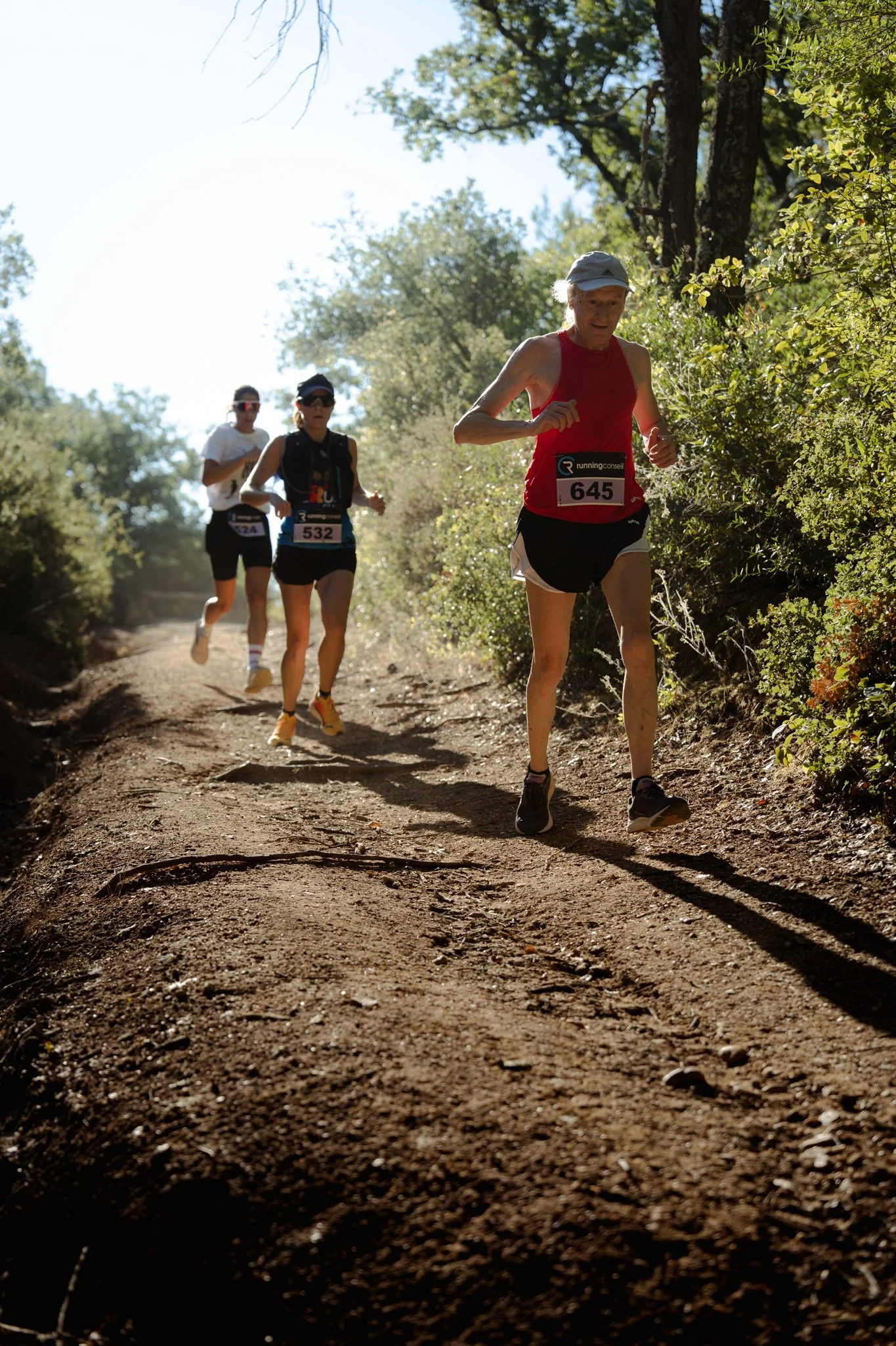 Trois coureurs féminins participant à une course en forêt sur un sentier en terre, portant des numéros de dossard, sous un ciel ensoleillé avec des arbres en arrière-plan.