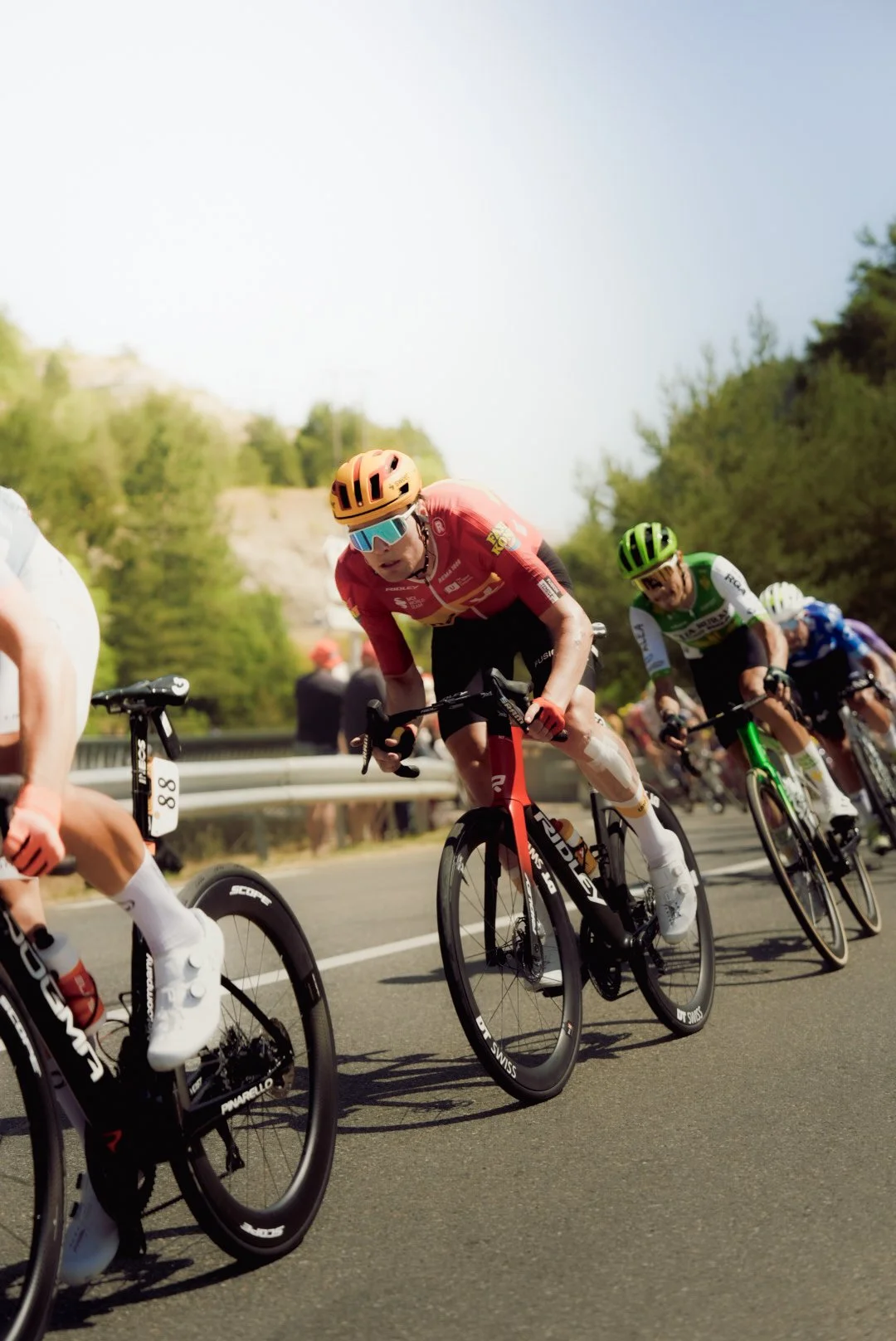 Cyclists participating in a race on a paved road through a hilly, green landscape, wearing colorful helmets and jerseys, leaning into a turn.