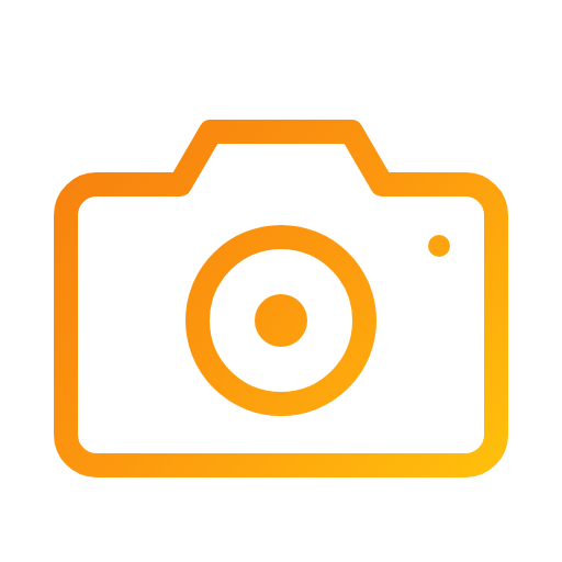Logo octogonal orange avec symbole de caméra au centre et un œil stylisé.