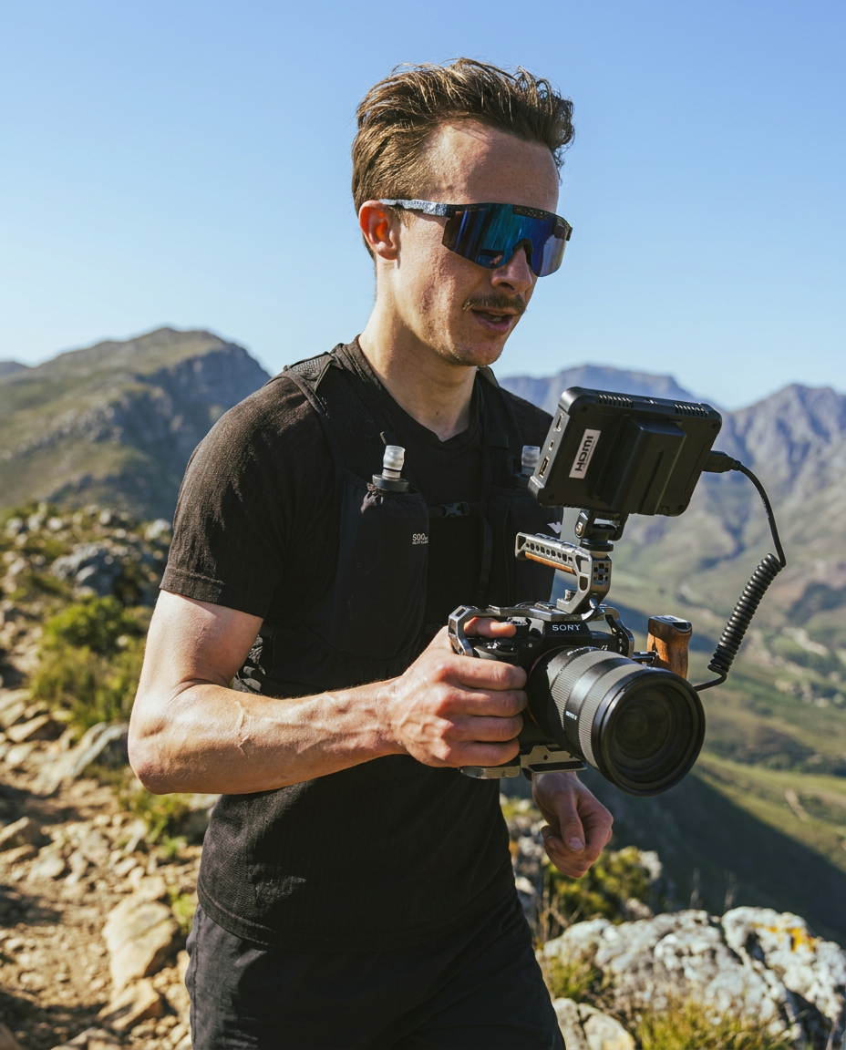 A man in outdoor gear holding a professional camera with a mounted monitor, standing on a mountain trail with a mountainous landscape in the background.