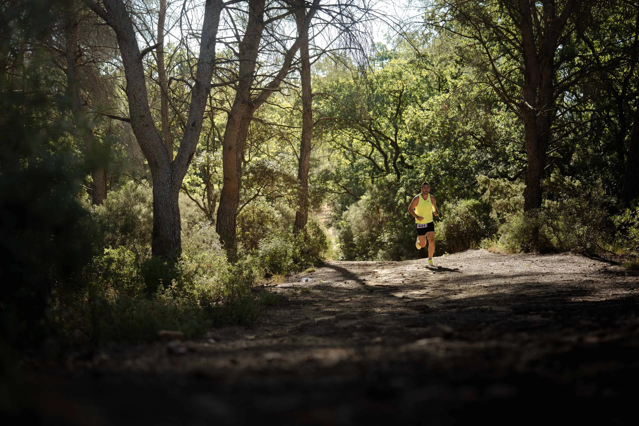 Un coureur portant un débardeur jaune et un numéro de bib autour de la taille court sur un sentier en forêt avec de grands arbres verts autour.