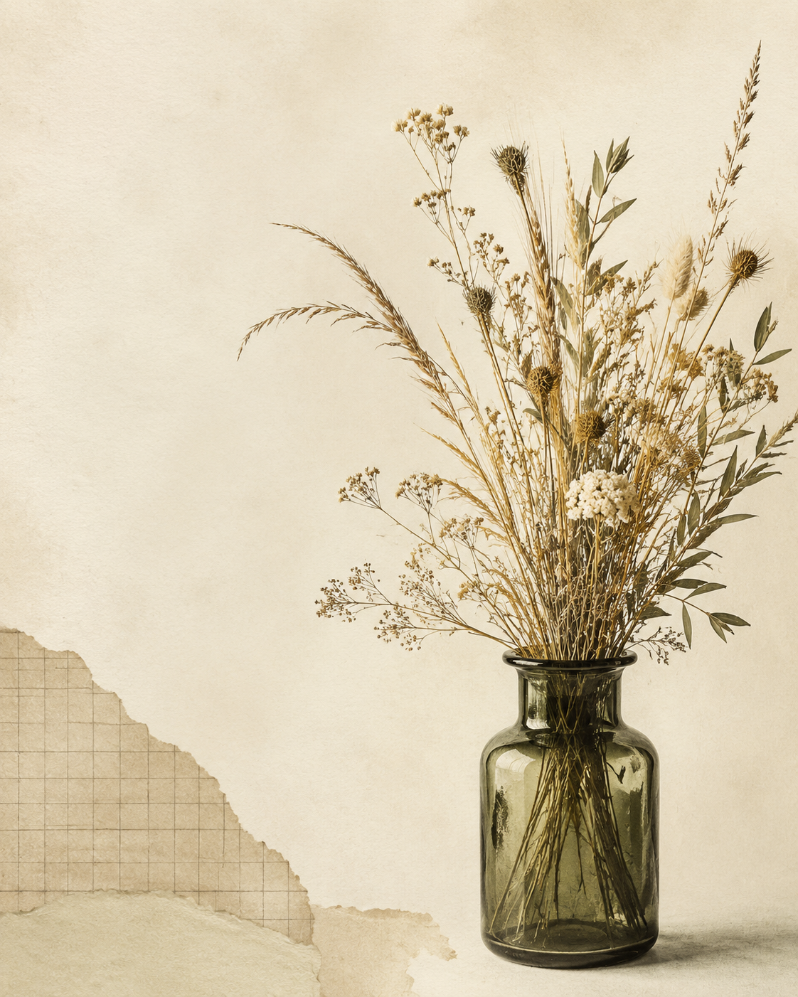 Green glass vase with dried native flowers