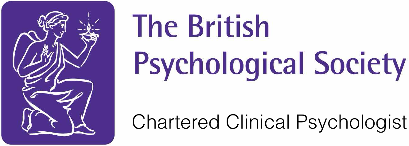 Logo of the British Psychological Society showing a purple background with a white outline of a woman sitting and holding a candle, with the text "The British Psychological Society" and "Chartered Clinical Psychologist".