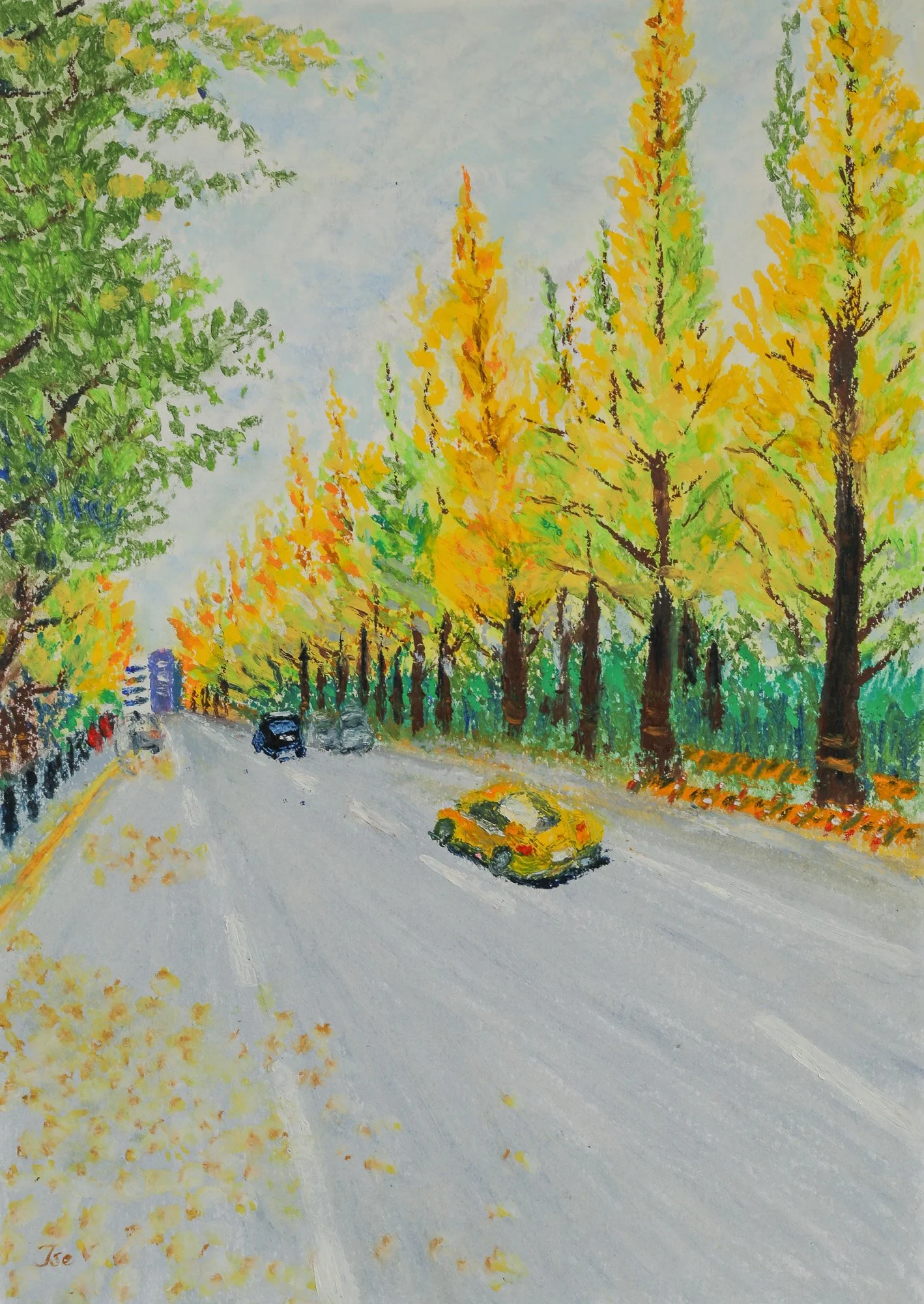 Gingko, Icho Namiki, Passing Car.

2026.

Oil Stick on Paper.

(42 x 29.7 cm)