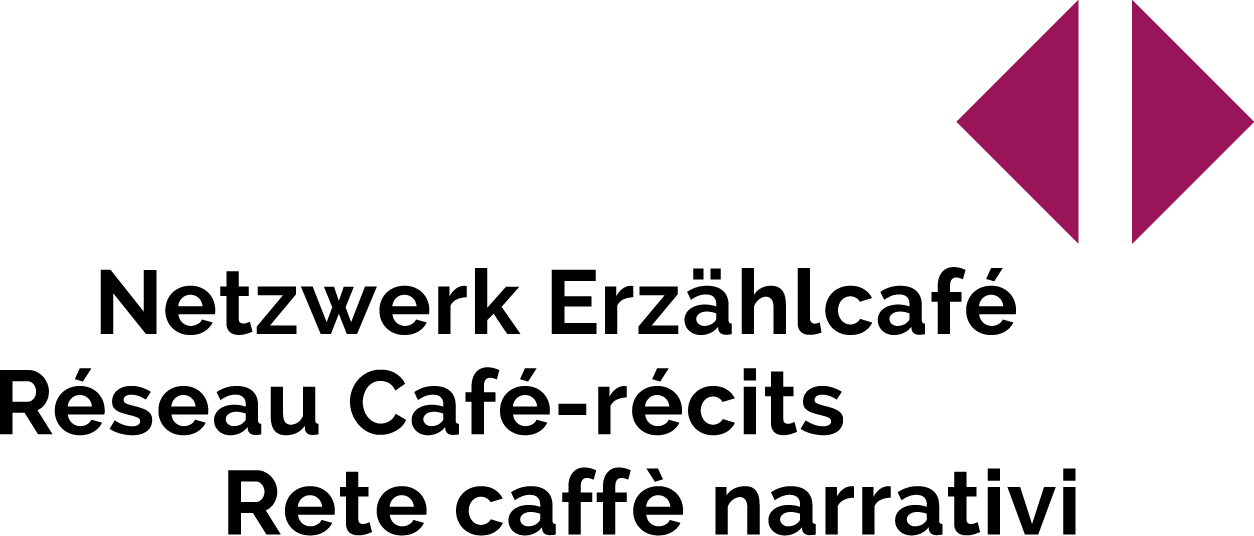 Logo avec texte en français concernant un réseau de cafés narratifs, notamment "Netzwerk Erzählcafé," "Réseau Café-récits," et "Rete caffè narrativi".