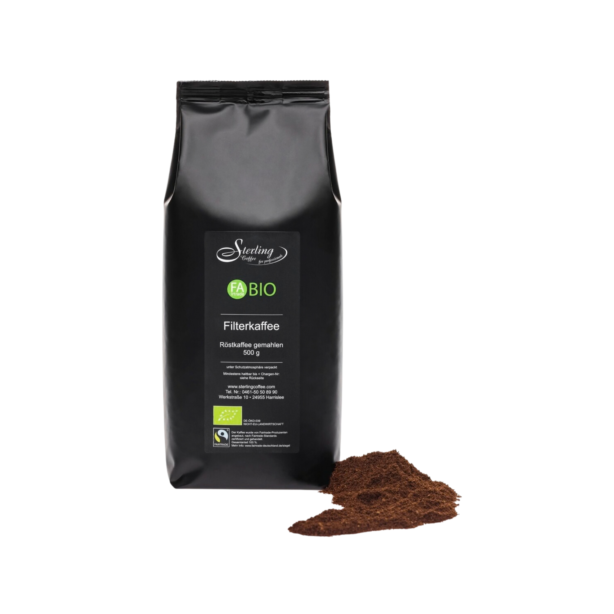 Schwarze Packung mit Kaffee, darunter Kaffeepulver